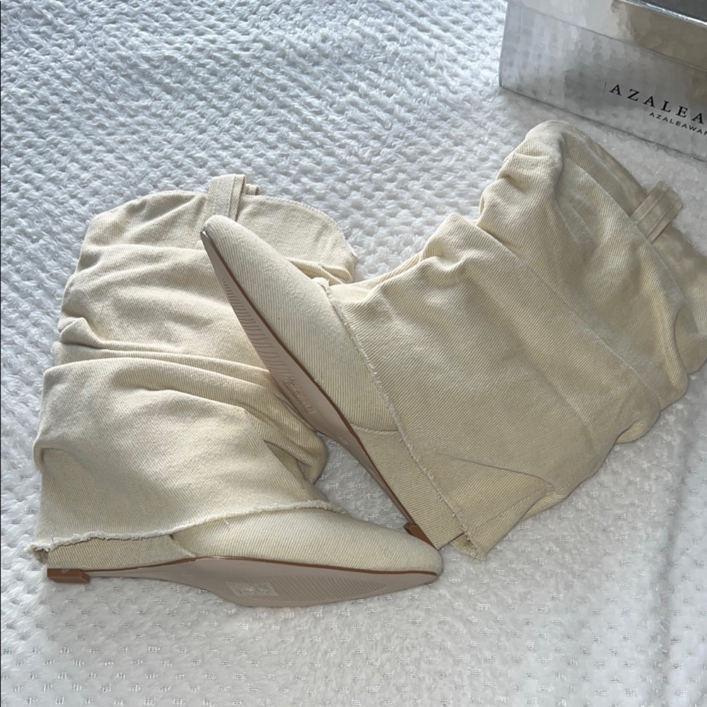 Cream denim material cow girl boots
